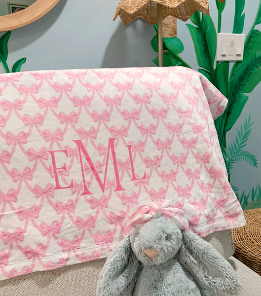 Pink bow minky baby blanket