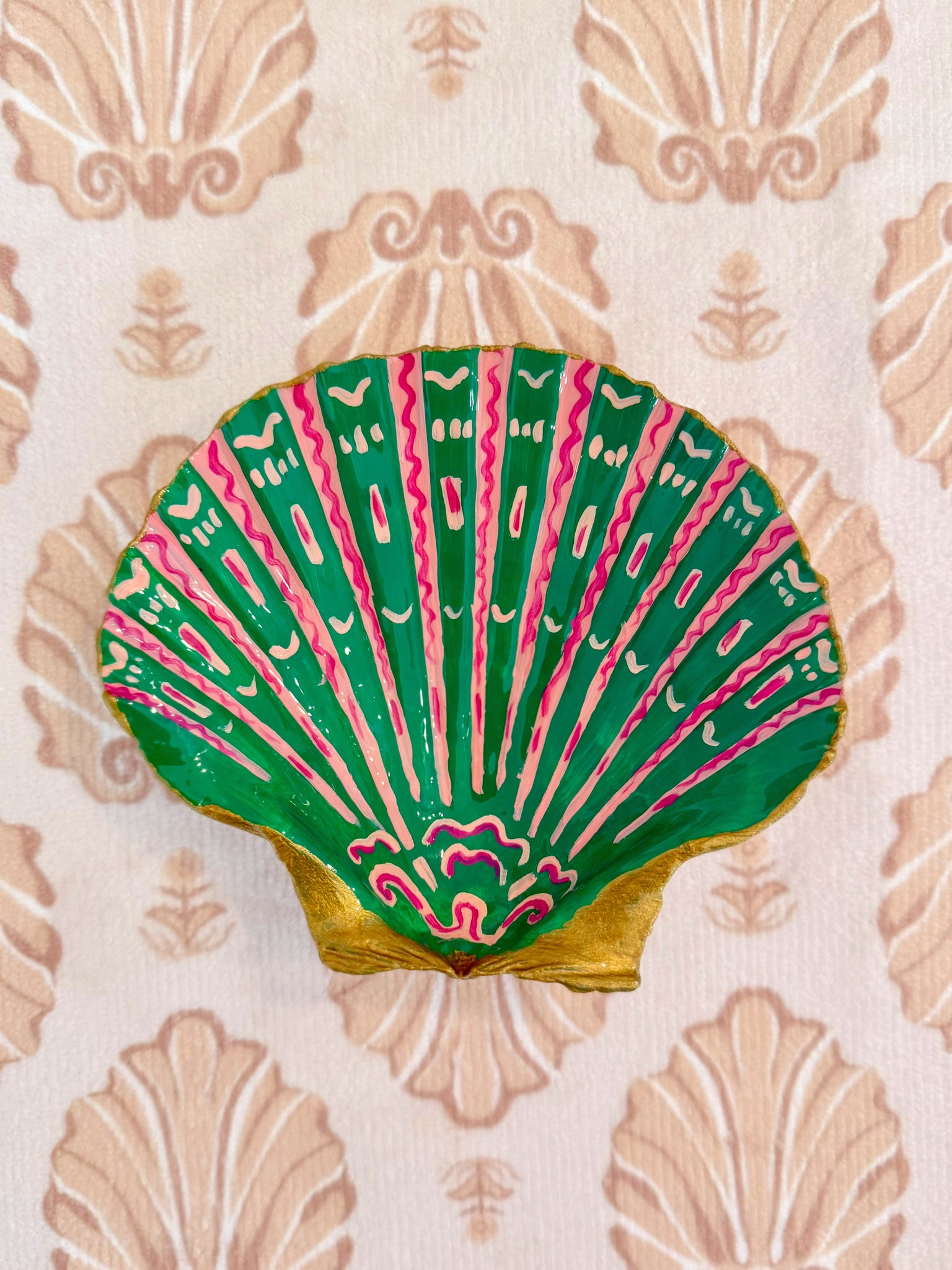 Pink & Green hand painted shell Large