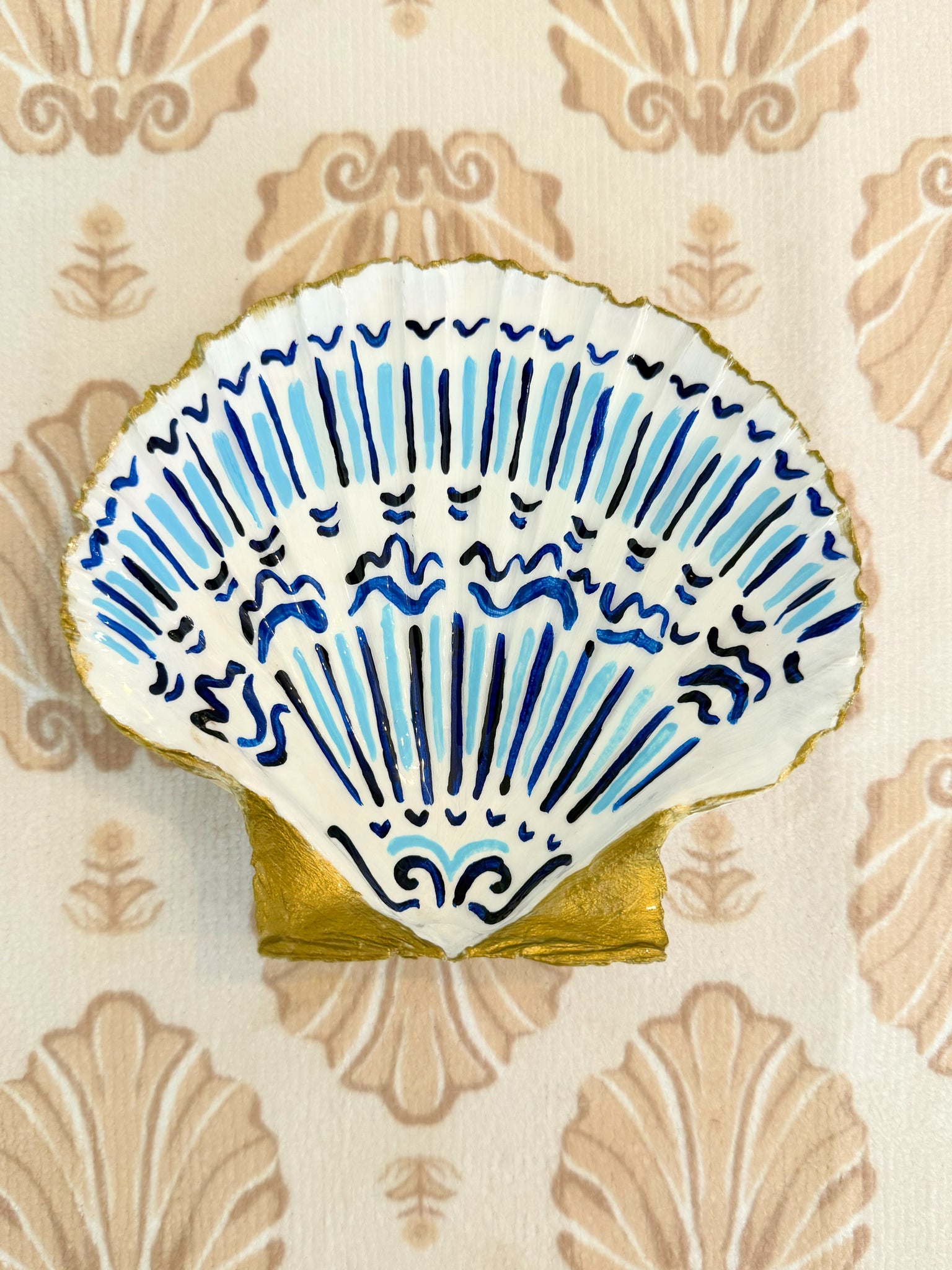 Large Blue & White hand painted shell